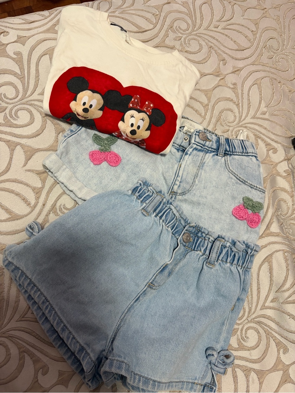Zara Light Blue Denim Shorts with Pink Cherry Embroidery